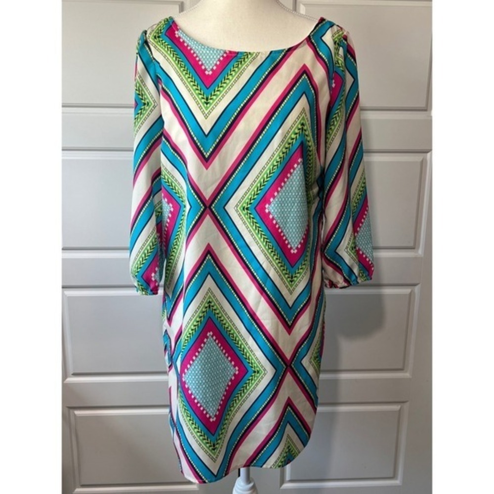 Pink Owl Geometric Print‎ Shift Dress 3/4 Sleeve Colorful M